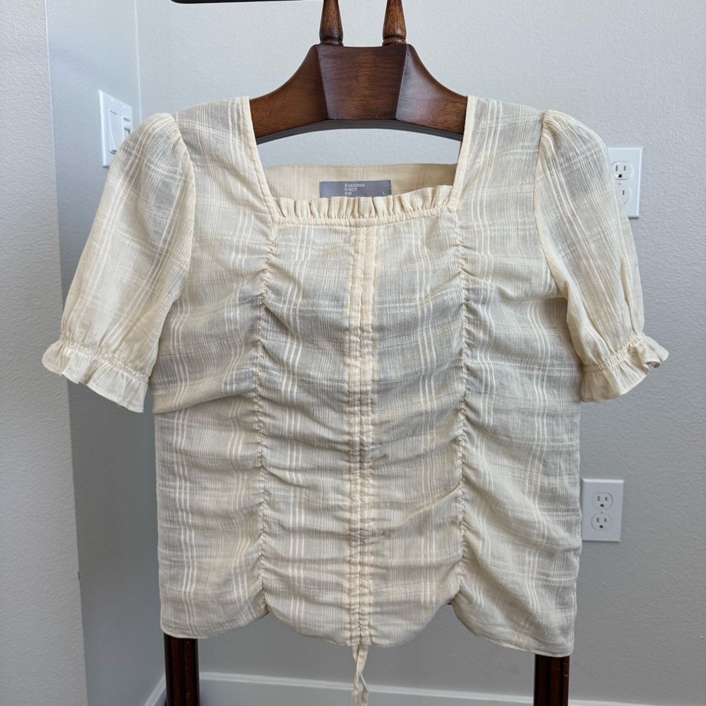 8 Seconds Beige Cottagecore Blouse Puff Sleeve Ruched Cotton Top L Butter Yellow